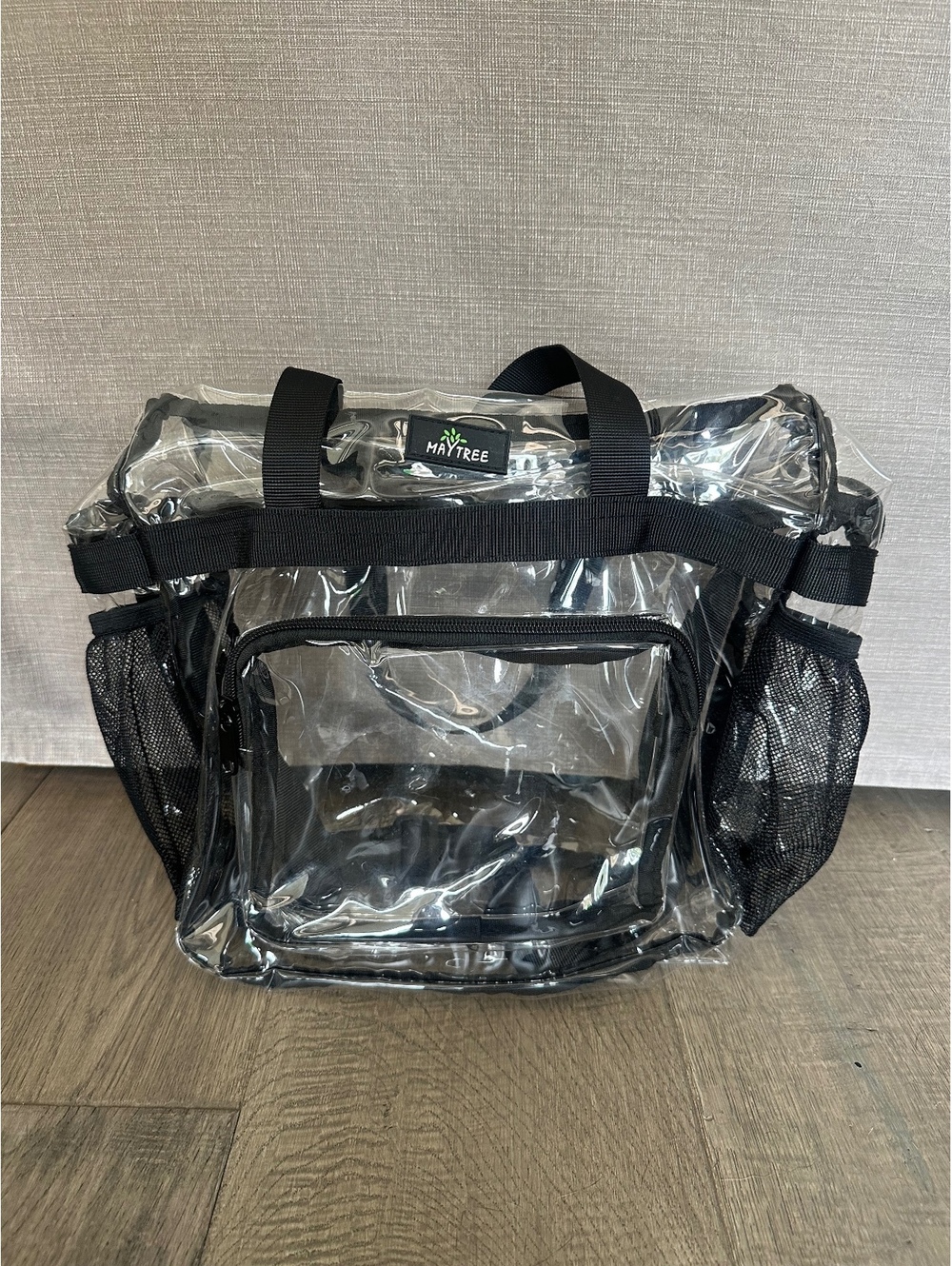 MAY TREE Clear Stadium Tote Bag Black Mesh Pockets Adjustable Strap